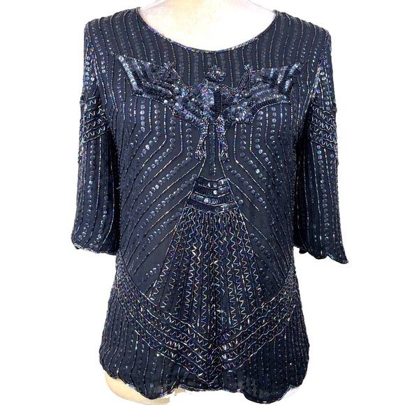 Le Mieux Tops - 70s Vintage Le Mieux Black 100% Silk Art Deco Beaded Sequined Bat Motif Blouse